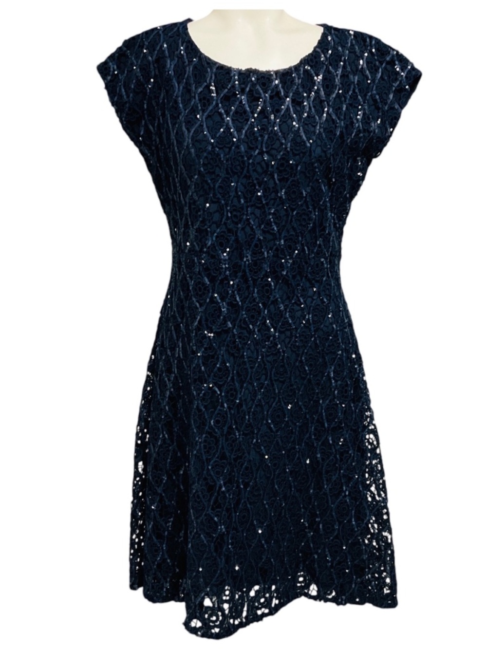 CHRISTIAN DIOR NAVY BLUE SEQUINED SHORT SLEEVED FLORAL LACE COCKTAIL DRESS - Picture 1 of 5